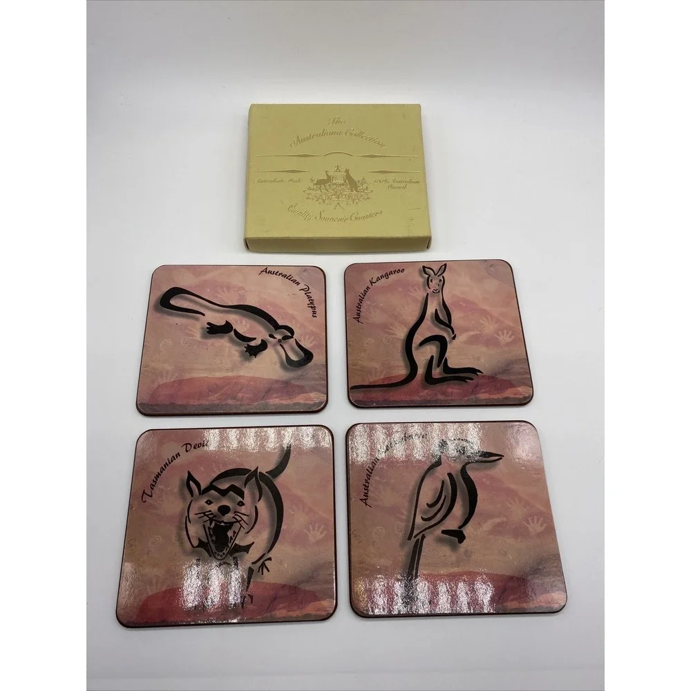Australian Drink Coasters Tasmanian devil Kookaburra Platypus Kangaroo‎ set of 4